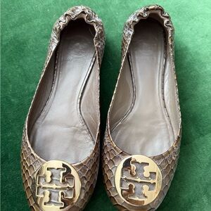 Tory Burch Snakeskin Pattern Flats with Gold Logo